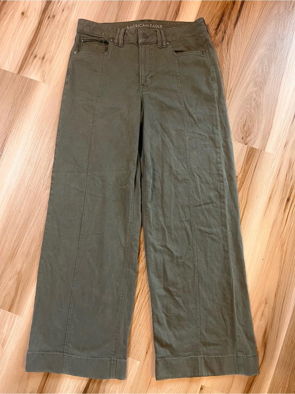 American Eagle AE Low Rise Baggy Wide Leg Pants Olive Green Stitched Seam Size 6